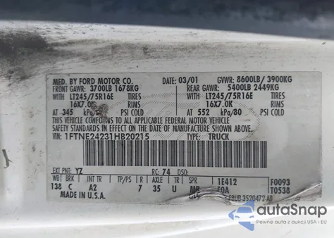 2001 Ford E-250 Commercial z USA, uszkodzony, nr VIN 1FTNE24231HB20215